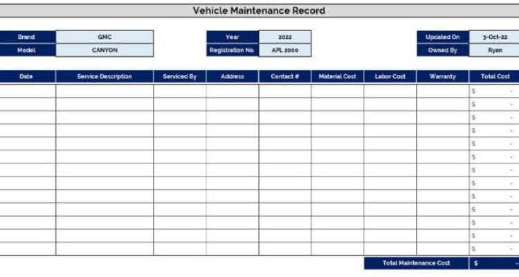 Best Free Fleet Maintenance Spreadsheet Excel | Fleet Service Logs